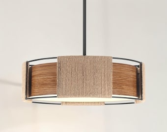 Farmhouse Rattan Drum Chandelier, Rustic Pendant Light, Faux Wood Grain Accents