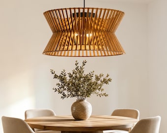 3-Light Drum Chandelier, Wood Slat Pendant Light, Modern Farmhouse Fixture