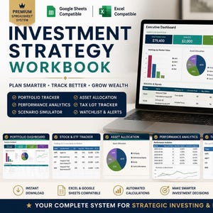 Puede incluir: Un libro de trabajo de estrategia de inversión digital en la pantalla de una computadora portátil, con un panel ejecutivo que muestra gráficos, tablas y datos financieros. El sistema incluye módulos para seguimiento de cartera y análisis.