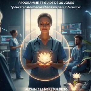 Peut inclure: Une couverture de livre intitulée SEREINE AUX URGENCES, PROGRAMME ET GUIDE DE 30 JOURS, montrant un professionnel de santé en tenue bleue avec un stéthoscope, tenant une fleur de lotus lumineuse dans un cercle de lumière, avec du personnel médical.