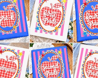 Back to School Teacher PNG Bundle, Preppy Apple Design, Pink Gingham Stripes PNG, First Day of School Pre-K Fourth Grade