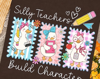 Teacher Builds Character PNG, Cute Goose Teacher Design, Coquette Back to School PNG, Preppy Floral Sublimation File