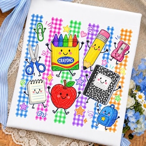 May include: A white canvas featuring a colorful pattern of school supplies with faces, including a yellow crayon box labeled CRAYONS, a yellow pencil, a pink sharpener, a red apple, a black composition notebook, a blue backpack, scissors, and a notepad.