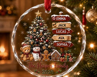 Personalized Family Christmas Glass Ornament, Custom Names Year Tree Sign, Snowman Teddy Bear Holiday Keepsake, Family Xmas Gift