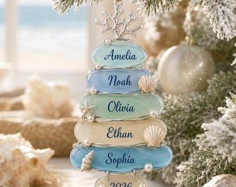 Personalized Family Christmas Ornament, Custom Names Year Beach Stack Acrylic Ornament, Coastal Holiday Tree Keepsake Family Gift