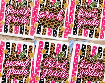 Leopard Apple Grade Level Teacher PNG Bundle, Pre K Kindergarten First Second Third Fourth Grade Back to School Digital Download Clipart
