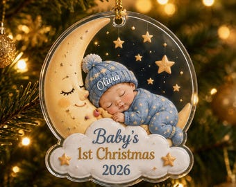 Personalized Baby’s First Christmas Ornament, Custom Name Year Moon Star Sleeping Baby Keepsake, Newborn Christmas Tree Gift