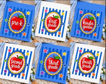 Preppy Teacher Apple PNG Bundle, Pink Gingham Stripes Design, Back to School PNG, First Day of School Pre-K to Fourth Grade