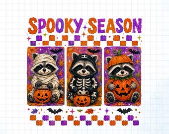 Spooky Season Raccoon PNG, Halloween Raccoon Trio Mummy Skeleton Pumpkin Costume, Orange Checkered Fall Sublimation Digital Download Clipart