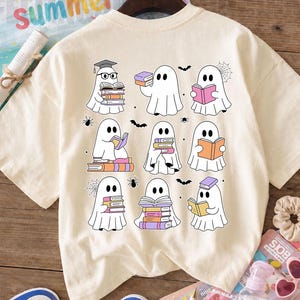 Reading Ghost PNG Bundle, Cute Book Lover Ghosts with Books, Halloween Teacher Librarian Spooky School Sublimation Digital Download Clipart image 5