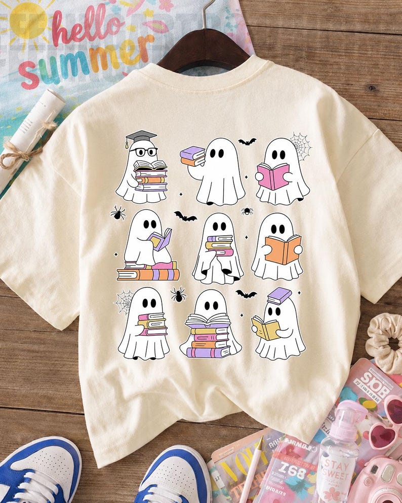 Reading Ghost PNG Bundle, Cute Book Lover Ghosts with Books, Halloween Teacher Librarian Spooky School Sublimation Digital Download Clipart image 5