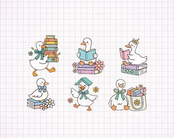 Back to School Goose PNG, Cute Reading Duck Clipart Bundle, Teacher Sublimation File, Classroom Shirt Design Digital Download