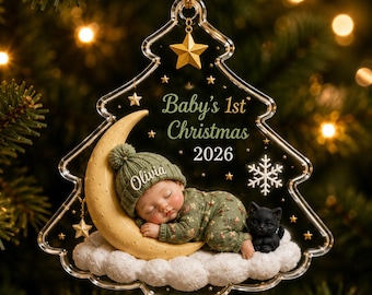Personalized Baby’s First Christmas Ornament, Custom Name Year Tree Photo Acrylic Ornament, Sleeping Newborn Christmas Keepsake Gift