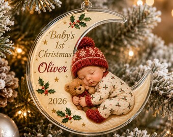 Personalized Baby’s First Christmas Ornament, Custom Name Year Moon Photo Acrylic Ornament, Sleeping Newborn Christmas Keepsake Gift
