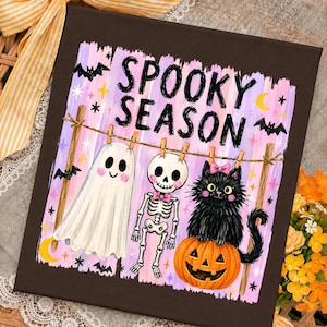 Spooky Season PNG, Cute Halloween Ghost Skeleton Black Cat Shirt Design, Girly Fall Sublimation Digital Download