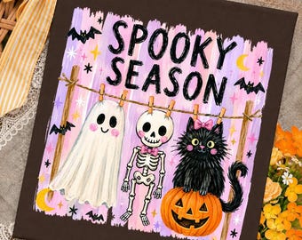 Spooky Season PNG, Cute Halloween Ghost Skeleton Black Cat Shirt Design, Girly Fall Sublimation Digital Download