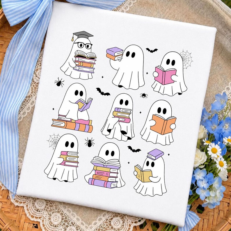 May include: A white canvas print featuring a pattern of nine cartoon ghosts reading colorful books. The ghosts are illustrated in black outlines with pastel-colored books, small spiders, spiderwebs, and bats scattered across the white background.