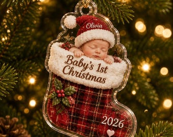 Personalized Baby’s First Christmas Ornament, Custom Name Year Stocking Photo Acrylic Ornament, Newborn Christmas Tree Gift