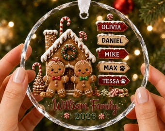 Personalized Family Christmas Glass Ornament, Custom Names Year Gingerbread House Tree Sign, Holiday Keepsake Family Xmas Gift