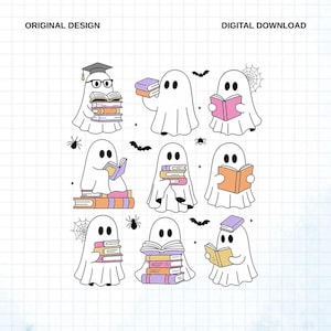 May include: A digital graphic design featuring nine white ghosts reading or holding stacks of colorful books. The illustration includes small black spiders, spiderwebs, and bats scattered between the ghosts. The text ORIGINAL DESIGN and DIGITAL DOWNLOAD appears at the top.