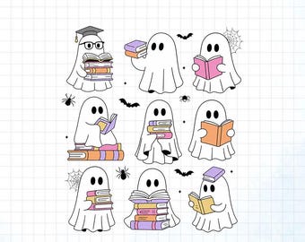 Reading Ghost PNG Bundle, Cute Book Lover Ghosts with Books, Halloween Teacher Librarian Spooky School Sublimation Digital Download Clipart