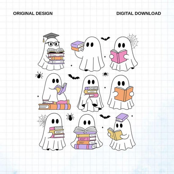 Reading Ghost PNG Bundle, Cute Book Lover Ghosts with Books, Halloween Teacher Librarian Spooky School Sublimation Digital Download Clipart