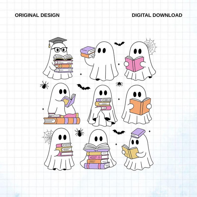 May include: A digital graphic design featuring nine white ghosts reading or holding stacks of colorful books. The illustration includes small black spiders, spiderwebs, and bats scattered between the ghosts. The text ORIGINAL DESIGN and DIGITAL DOWNLOAD appears at the top.