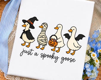 Just a Spooky Goose PNG, Cute Halloween Goose Costume with Witch Hat Mummy Pumpkin Bucket, Fall Sublimation Digital Download Clipart
