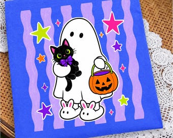 Halloween Ghost Black Cat PNG, Cute Pumpkin Bucket Purple Stripe, Spooky Fall Kids Shirt Sublimation Digital Download Clipart Instant File