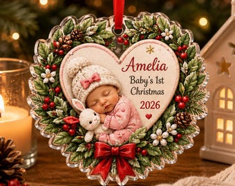 Personalized Baby’s First Christmas Ornament, Custom Name Year Heart Photo Acrylic Ornament, Newborn Christmas Tree Keepsake Gift
