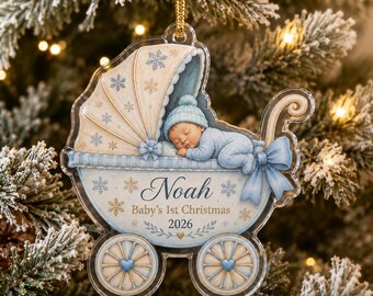 Personalized Baby’s First Christmas Ornament, Custom Name Year Baby Carriage Acrylic Ornament, Newborn Christmas Tree Keepsake Gift