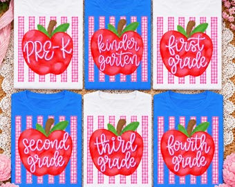 Back to School Grade Apple PNG Bundle, Pre-K Kindergarten 1st-4th Grade School Shirt Design, Teacher Student Sublimation Download