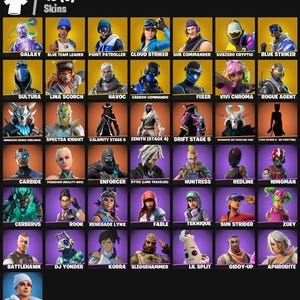 May include: A digital grid display showing 43 Fortnite character skins, each labeled with its name. The collection features diverse avatars with varied armor, colors, and styles, organized in rows against yellow, orange, and purple backgrounds.