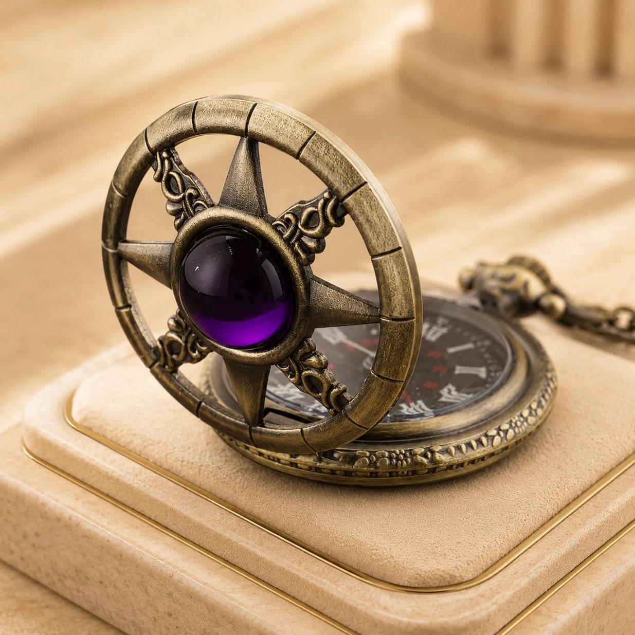 Vintage Pocket Watch Compass Star | Purple Crystal Pocket Watch Necklace | Steampunk Quartz Watch | Gothic Gift for Men Women