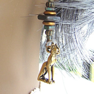 Golden Egyptian Cat Earrings with Verdigris & Faience Beads