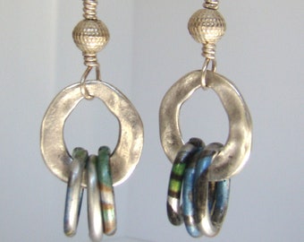 Abstract Ring Earrings of Antique Silver Plated Brass