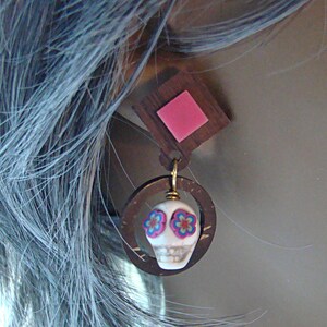 Howlite Carved Skulls with Polymer Clay Flower Eyes Earrings