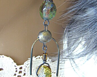 Raku Disks with Embedded Steel Armature with Wire Wrapped Czech Dagger Beads Earrings