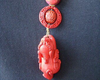 Cinnabar Pi Yao Dog with Lotus Blossoms Necklace