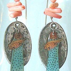 Artist Original Shell Maiden Shrinkles with Peach Branch Coral and Cast Aluminum Earrings