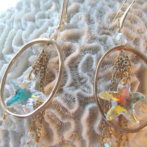 Aurora Borealis Swarovski Crystal Starfish with Gold Chains & Dangling Crystals