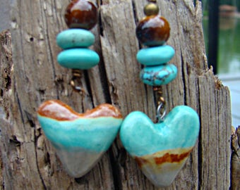 Aqua and Brown Porcelain and Turquoise Heart Earrings