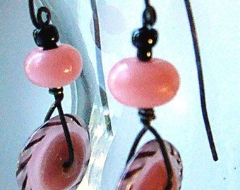 Artisan and German Pink Glass Lozenge Earrings