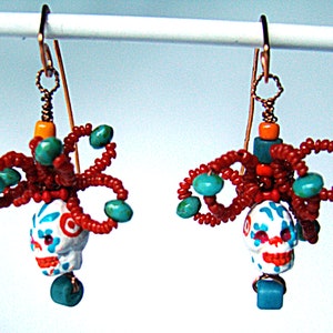 White Clay Sigar Skulls with Orange and Turquoise Hair Earrings