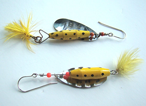 Yellow Polka Dot Submarine Fishing Lure Earrings With Feathers 