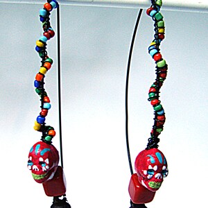 Red Skulls with Twisted Beads on a Wire Earrings