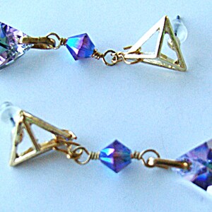 Lilac Swarovski Trilliant Crystal with Gold Geometric Pyramid Ear Wire Earrings