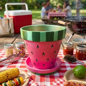 May include: A terracotta plant pot painted to resemble a watermelon, featuring a bright pink body with black teardrop-shaped seeds and a green rim with dark green vertical stripes. The pot sits on a matching pink saucer on a red and white checkered cloth.