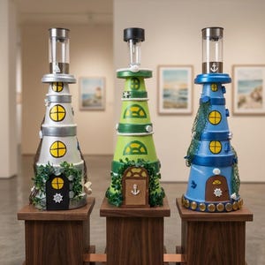 May include: Three decorative lighthouse sculptures crafted from stacked terracotta pots. The left is silver, the centre is green, and the right is blue. Each features painted yellow windows, a solar-powered light top, and nautical accents like anchors, nets, and greenery.