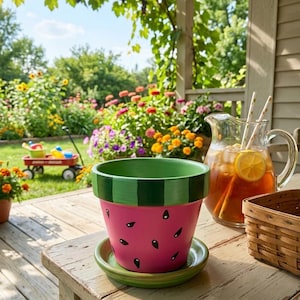 Hand-Painted PINK Watermelon Terracotta Pot with Saucer, 4-Inch Summer Fruit Planter